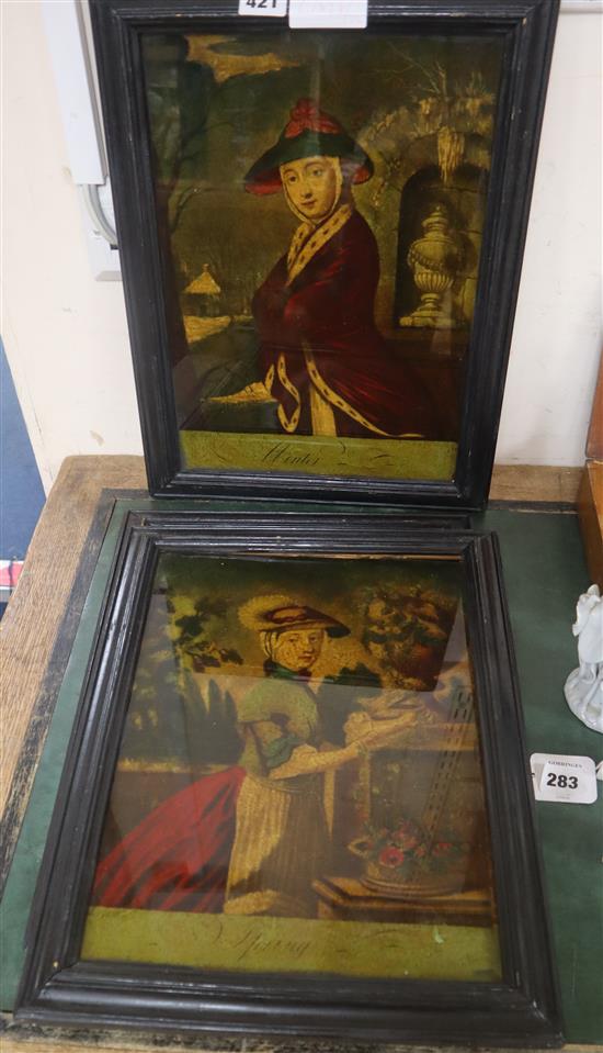 A part set of three reverse prints on glass, Spring, Summer and Winter, 35 x 25cm